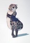  2019 anthro blue_eyes bottomless cheek_tuft clothed clothing facial_tuft featureless_crotch felid fur grey_body grey_fur head_tuft holding_tail leopard_spots light lighting mammal nom pantherine pink_nose pointedfox shirt simple_background snow_leopard solo spots spotted_body spotted_fur standing t-shirt tail_hug tail_nom topwear tuft white_background white_body white_fur 