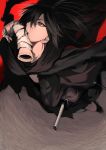  1boy bandages black_hair black_scarf blade dororo_(tezuka) hair_over_one_eye highres hyakkimaru_(dororo) japanese_clothes katana long_hair male_focus ponytail red_eyes scarf sheath sheathed solo sword torn_clothes user_suzuko weapon 