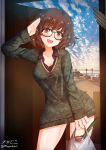  1girl akiyama_yukari aquaegg bespectacled blush breasts brown_hair cleavage commentary_request eyebrows_visible_through_hair girls_und_panzer glasses green-framed_eyewear highres large_breasts looking_at_viewer messy_hair open_mouth short_hair smile solo twitter_username 