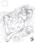  abdominal_bulge anthro belly big_belly body_outline breast_imprints breasts bulge cheetah claws digital_media_(artwork) dreadlocks duo face_imprint fangs felid feline female female_prey hand_imprint imprint male male/female male_pred mammal monochrome muscular muscular_male open_mouth oral_vore slash_(artist) tongue tongue_out vore 