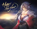  1girl breasts camilla_(fire_emblem) cleavage closed_mouth fire_emblem fire_emblem_fates fire_emblem_heroes flower hair_flower hair_ornament hair_over_one_eye happy_new_year highres japanese_clothes kimono long_hair long_sleeves machi_wt new_year obi purple_hair sash smile solo tiara upper_body 