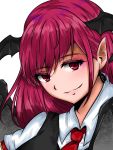  1girl armband bat_wings black_vest blush breasts collared_shirt colored_eyelashes commentary_request dress_shirt eyebrows_visible_through_hair eyelashes head_wings highres juliet_sleeves koakuma long_hair long_sleeves looking_at_viewer necktie pointy_ears puffy_sleeves red_eyes red_hair red_neckwear shiraniwa_rin shirt sidelocks simple_background slit_pupils smile touhou upper_body vest white_background white_shirt wings 