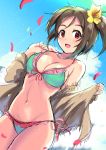  1girl bikini blue_bikini blue_sky breasts brown_hair brown_jacket cleavage cloud cowboy_shot day doumyouji_karin dutch_angle flower frilled_bikini frills front-tie_top hair_flower hair_ornament idolmaster idolmaster_cinderella_girls jacket looking_at_viewer medium_breasts open_clothes open_jacket outdoors red_eyes short_hair side_ponytail sky smile solo sousakubito standing swimsuit 