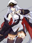  1girl azur_lane bangs bare_shoulders black_neckwear breasts enterprise_(azur_lane) eyebrows_visible_through_hair floating_hair grey_background hachizowo hand_on_own_chest hat highres large_breasts long_hair looking_away military_hat necktie peaked_cap purple_eyes shirt silver_hair simple_background skirt sleeveless sleeveless_shirt smile solo thighhighs thighs very_long_hair white_headwear 