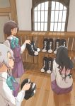  3girls ahoge akishimo_(kantai_collection) bangs black_hair blunt_bangs boots boots_removed brown_eyes brown_hair commentary_request cross-laced_footwear dress gradient_hair grey_legwear halterneck highres indoors kachi_(kachi5100) kantai_collection kishinami_(kantai_collection) lace-up_boots long_hair long_sleeves multicolored_hair multiple_girls naganami_(kantai_collection) pantyhose pink_hair pleated_dress purple_dress school_uniform shelf shirt short_hair short_hair_with_long_locks silver_hair twitter_username two-tone_hair wavy_hair white_shirt window wooden_floor 