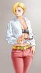  1girl bangs belt blonde_hair blue_eyes breasts cleavage closed_mouth commentary_request grey_background highres holding king_(snk) lips lipstick long_sleeves looking_away makeup medium_breasts midriff navel pants parted_bangs ryuuko_no_ken shirt short_hair simple_background solo stomach sunglasses the_king_of_fighters white_shirt x_chitch 