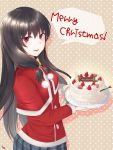  1girl alternate_costume bangs black_hair blue_skirt blush cake capelet christmas eyebrows_visible_through_hair fish food hair_ribbon highres holding holding_plate isokaze_(kantai_collection) kanaka_(kananan0910828) kantai_collection long_hair long_sleeves merry_christmas open_mouth plaid plaid_skirt plate polka_dot polka_dot_background pom_pom_(clothes) red_capelet red_eyes ribbon sidelocks simple_background skirt solo sparkle speech_bubble tress_ribbon yellow_neckwear you&#039;re_doing_it_wrong 