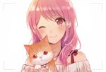  1girl ;) animal bang_dream! bangs bell blush cat heart heart_necklace holding holding_cat jingle_bell long_hair looking_at_viewer maneki-neko maruyama_aya off-shoulder_sweater off_shoulder one_eye_closed pink_eyes pink_hair portrait sakaki_kayumu simple_background smile solo sweater white_background 