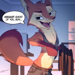  ... 2018 anthro belt bottomwear brown_body brown_fur canid canine clothed clothing dialogue english_text fox fur green_eyes head_tuft inside light lighting mammal notched_ear open_mouth open_smile pants pointedfox pointedfox_(character) shirt smile solo speech_bubble tank_top text topwear tuft undressing 