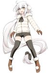 1girl :d absurdly_long_hair bangs black_legwear black_ribbon black_shorts blush boots brown_eyes brown_footwear brown_gloves commentary_request earmuffs eyebrows_visible_through_hair fate/grand_order fate_(series) full_body fur-trimmed_boots fur-trimmed_jacket fur_trim gloves hair_ribbon jacket jeanne_d&#039;arc_(fate)_(all) jeanne_d&#039;arc_alter_santa_lily long_hair long_sleeves open_mouth panikuru_yuuto ribbon short_shorts shorts simple_background smile solo thighhighs thighhighs_under_boots very_long_hair white_background white_hair white_jacket 