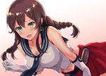  1girl bangs blue_neckwear blue_sailor_collar blush braid breasts brown_hair cleavage collarbone eyebrows_visible_through_hair gloves green_eyes hair_between_eyes highres kantai_collection large_breasts long_hair navel noshiro_(kantai_collection) open_mouth red_skirt sailor_collar senbei_(senbe_i) shirt sidelocks simple_background skirt sleeveless sleeveless_shirt solo sweat twin_braids white_gloves 