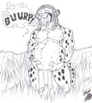  anthro belly big_belly bodily_fluids burping cheetah clothing digestion digital_media_(artwork) dreadlocks drooling english_text felid feline holding_belly loincloth male male_pred mammal musclegut muscular muscular_male open_mouth oral_vore post_vore saliva slash_(artist) solo text tongue tongue_out vore 