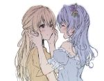  2girls bang_dream! bangs blonde_hair blue_hair closed_eyes flower frilled_sleeves frills green_ribbon hair_flower hair_ornament hair_ribbon half_updo hand_on_another&#039;s_hand hands_on_another&#039;s_cheeks hands_on_another&#039;s_face long_hair looking_at_another matsubara_kanon multiple_girls one_side_up open_mouth purple_eyes purple_flower ribbon sakaki_kayumu shirasagi_chisato short_sleeves smile upper_body wet white_background white_ribbon yellow_flower yuri 