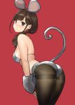  1girl animal_ears ass breasts brown_eyes brown_hair commentary eyebrows_visible_through_hair fake_animal_ears grey_bikini_top hair_over_shoulder highres long_hair looking_back medium_breasts mouse_ears mouse_tail original pantyhose red_background sideboob simple_background standing tail thighband_pantyhose yomu_(sgt_epper) 