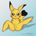  2019 anus blush breasts butt cleft_tail clitoris cosplay_pikachu_(character) eyelashes female fur looking_at_viewer naughty_vermin nintendo pikachu pok&eacute;mon pok&eacute;mon_(species) presenting pussy seductive semi-anthro smile solo spread_legs spreading thick_thighs video_games yellow_body yellow_fur 