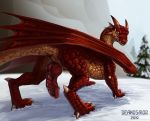  2019 anus arokh_(drakan) butt deanosaior detailed_background dragon drakan erection feral glans looking_at_viewer looking_back male membrane_(anatomy) membranous_wings outside penis presenting presenting_hindquarters presenting_penis red_body red_scales scales scalie sky snow snowscape solo western_dragon wings 