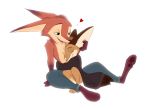  &lt;3 2018 anthro barefoot bottomwear brown_body brown_fur canid canine chest_tuft cider_(ciderbunart) clothed clothing cuddling duo eyes_closed fox fur green_eyes mammal open_mouth open_smile pants pawpads pointedfox pointedfox_(character) simple_background smile topless tuft white_background 