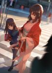  2girls bangs big.c black_footwear black_legwear black_skirt blue_eyes book breasts brown_hair carrying_under_arm character_request child closed_mouth commentary_request copyright_request crosswalk day dutch_angle fate/grand_order fate_(series) half_updo holding holding_book japanese_clothes jewelry kimono leaning_forward loafers locked_arms long_hair long_sleeves looking_at_another looking_at_viewer medium_breasts medium_hair miniskirt motion_blur multiple_girls necklace out_of_frame outdoors own_hands_together pendant pink_kimono pleated_skirt puckered_lips puffy_short_sleeves puffy_sleeves railing road ryougi_shiki shawl shoes short_sleeves skirt small_breasts smile standing street thighhighs walking zettai_ryouiki 