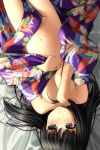  1girl absurdres bangs bed_sheet black_hair blush brown_eyes closed_mouth eyebrows_visible_through_hair floral_print groin hand_up highres japanese_clothes kimono long_hair lying matsunaga_kouyou naked_kimono navel no_bra no_panties nose_blush on_back original print_kimono purple_kimono solo 