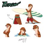  2018 brown_body brown_fur clothed clothing crossed_arms english_text fur furgonomics green_eyes jewelry lutrine mammal multiple_poses mustelid necklace open_mouth open_smile pointedfox pose simple_background smile surfboard swimming_trunks swimwear tattoo text topless white_background 