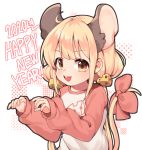  1girl 2020 absurdres animal_ears blonde_hair brown_eyes cheese_hair_ornament commentary eyebrows_visible_through_hair futaba_anzu hair_ornament happy_new_year highres idolmaster idolmaster_cinderella_girls long_hair long_sleeves looking_at_viewer low_twintails mouse_ears mouse_tail new_year open_mouth pink_ribbon ribbon solo taemin tail tail_ribbon twintails upper_body upper_teeth 
