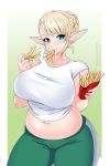  1girl belly blonde_hair braid breasts commentary cowboy_shot eating elf elf-san_wa_yaserarenai. english_commentary erufuda-san food food_on_face french_fries green_eyes green_pants large_breasts lindaroze looking_at_viewer muffin_top navel pants plump pointy_ears shirt short_hair solo t-shirt track_pants watermark web_address 