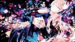  1girl black_dress bug butterfly butterfly_hair_ornament closed_eyes closed_mouth commentary dress flower hair_ornament hairband hands_together highres insect long_hair long_sleeves lying megurine_luka nyakkunn on_back palette_(vocaloid) pink_hair solo splatter thighhighs vocaloid 