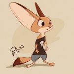  2018 anthro barefoot big_ears bottomwear brown_background brown_body brown_eyes brown_fur canid canine cider_(ciderbunart) clothed clothing fox fully_clothed fur mammal pants pointedfox shirt simple_background solo style_parody t-shirt topwear 