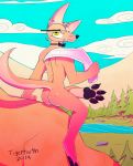  2019 anthro barefoot blush bow_tie butt canid canine canis casual_nudity cloud detailed_background digital_media_(artwork) domestic_dog eyewear feet fur glasses looking_at_viewer male mammal mountain nerd nude nudist outside paws river rock sky smile solo tigertooth towel tree water 