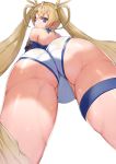  1girl ahoge ass ass_focus blonde_hair blue_eyes bradamante_(fate/grand_order) braid cowboy_shot crown_braid detached_collar fate/grand_order fate_(series) from_behind from_below highres legs_apart leotard long_hair looking_at_viewer looking_back shiny shiny_skin sikijou77o simple_background solo standing thighlet twintails white_background 