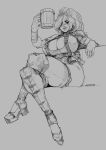  1girl absurdres barbarian breasts cleavage cleavage_cutout clogs collar crossed_legs dagger earrings fantasy grimsby hair_over_one_eye highres huge_breasts jewelry long_hair monochrome original over-kneehighs ponytail ring shoulder_armor sitting sketch solo spaulders spikes tankard thick_eyebrows thighhighs weapon wedding_band 