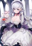  1girl apron azur_lane bangs bare_shoulders belfast_(azur_lane) blue_eyes blush braid breasts chain cleavage collar cup elbow_gloves eyebrows_visible_through_hair french_braid frills gauntlets gloves hayama_eishi highres large_breasts maid maid_apron maid_dress maid_headdress side_braid silver_hair smile tea teacup 