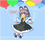  1girl 2020 animal_ears bangs black_dress black_footwear blue_background blue_capelet blush capelet character_request chinese_zodiac closed_mouth dress floating full_body grey_hair holding_balloon kumamoto_(bbtonhk2) long_sleeves lowres mouse_ears nazrin pixel_art red_eyes ribbon-trimmed_dress short_hair smile socks solo speech_bubble touhou white_legwear year_of_the_rat 