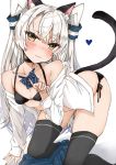  1girl all_fours alternate_costume amatsukaze_(kantai_collection) animal_ears black_bra black_choker black_legwear black_panties blue_neckwear blue_skirt bra breasts brown_eyes cat_ears cat_tail chigasaki_y choker dress_shirt hair_tubes highres kantai_collection long_hair open_clothes panties plaid plaid_skirt shirt silver_hair simple_background skirt skirt_removed small_breasts smile solo striped striped_neckwear tail thighhighs two_side_up underwear white_background windsock 