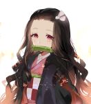  1girl absurdres bamboo bangs bit_gag black_hair brown_hair checkered commentary_request forehead gag gradient_hair hair_ribbon highres japanese_clothes kamado_nezuko kimetsu_no_yaiba kimono long_hair looking_at_viewer mouth_hold multicolored_hair obi open_clothes parted_bangs pekerika pink_kimono red_eyes ribbon sash solo upper_body white_ribbon 