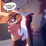  2018 anthro bite biting_lip brown_body brown_eyes brown_fur canid canine chest_tuft cider_(ciderbunart) clothed clothing comic dialogue duo english_text eyewear fox fur glasses green_eyes inside lagomorph leporid light lighting looking_at_another mammal pointedfox pointedfox_(character) rabbit speech_bubble tan_body tan_fur text tuft undressing 
