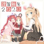  3girls :d animal_ear_fluff animal_ears bangs black_dress black_hairband black_legwear black_ribbon blonde_hair blush brown_hair cat_ears cat_girl cat_tail chinese_zodiac closed_mouth collared_shirt commentary_request drawing_tablet dress eyebrows_visible_through_hair fake_animal_ears fang green_eyes grey_skirt hair_ribbon hairband hazuki_watora highres holding holding_stylus hood hood_down hoodie jacket kneeling knees_up long_hair long_sleeves minazuki_sarami mouse_ears mouse_girl mouse_tail multiple_girls no_shoes one_side_up open_mouth original panties parted_bangs peko pink_hoodie pleated_skirt purple_eyes red_hair red_jacket ribbon shimotsuki_potofu shirt sitting skirt sleeveless sleeveless_dress sleeves_past_wrists smile stylus tail thighhighs twintails underwear v-shaped_eyebrows very_long_hair wavy_mouth white_legwear white_panties white_shirt year_of_the_rat 