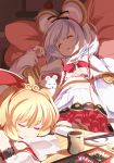  2girls :3 andira_(granblue_fantasy) animal_ears asakura_masatoki bangs blonde_hair bow bowtie chopsticks closed_eyes commentary_request crossed_arms cup detached_sleeves eyebrows_visible_through_hair flat_chest granblue_fantasy hair_between_eyes hairband heart indoors layered_skirt long_sleeves lying mouse mouse_ears multiple_girls navel on_back open_mouth pillow plate red_neckwear shirt short_hair silver_hair skirt sleeping swept_bangs table vikala_(granblue_fantasy) white_shirt white_skirt 