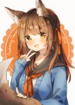  1girl 2019 :d absurdres animal_ear_fluff animal_ears brown_hair cardigan fox_ears fox_tail heripiro highres long_hair long_sleeves neckerchief open_cardigan open_clothes open_mouth orange_eyes original school_uniform serafuku smile tail v 