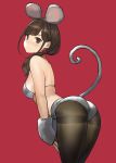  1girl animal_ears ass breasts brown_eyes brown_hair eyebrows_visible_through_hair fake_animal_ears grey_bikini_top hair_over_shoulder highres long_hair looking_back medium_breasts mouse_ears mouse_tail original pantyhose red_background sideboob simple_background standing tail thighband_pantyhose yomu_(sgt_epper) 