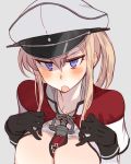  1girl anchor bangs between_breasts black_gloves blonde_hair blue_eyes blush breasts capelet eyebrows_visible_through_hair eyelashes gloves graf_zeppelin_(kantai_collection) grey_background hair_between_eyes hat highres iron_cross kantai_collection kusanagi_tonbo large_breasts long_hair long_sleeves military military_hat nipples open_clothes open_mouth out-of-frame_censoring peaked_cap sidelocks simple_background solo sweat twintails upper_teeth white_headwear 