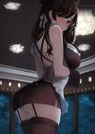  1girl alternate_costume animal_ears apron arched_back ass atago_(azur_lane) azur_lane bangs black_gloves black_hair blush breasts brown_eyes brown_legwear cowboy_shot dress enmaided extra_ears garter_straps gloves hands_together highres indoors large_breasts long_hair looking_at_viewer looking_to_the_side maid maid_apron mole mole_under_eye night panties short_dress solo swept_bangs thighhighs underwear white_panties window xretakex 