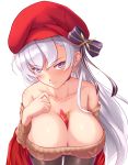  1girl absurdres aran_sweater azur_lane bare_shoulders belfast_(azur_lane) belfast_(shopping_with_the_head_maid)_(azur_lane) blush bow breasts brown_legwear brown_sweater choker cleavage collarbone commentary_request earrings food food_between_breasts hand_on_own_chest hat hat_bow highres holding holding_food hoop_earrings jewelry large_breasts leaning_forward long_hair looking_at_viewer off-shoulder_sweater off_shoulder pantyhose pocky revision skirt solo sweater toid310 upper_body white_background white_hair 