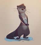  2019 black_body black_fur bottomless brown_background chest_tuft clothed clothing dripping english_text featureless_crotch fur grey_body grey_fur head_tuft light lighting looking_at_viewer lutrine mammal mustelid pointedfox puddle simple_background smile standing text tuft wet whiskers 