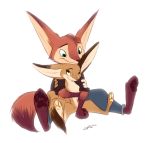  2018 anthro barefoot brown_body brown_fur canid canine cider_(ciderbunart) clothed clothing duo featureless_crotch fox fully_clothed fur green_eyes head_tuft hug hugging_from_behind mammal nude pawpads pointedfox pointedfox_(character) simple_background sitting smile tuft white_background 