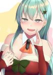  1girl aqua_hair bangs blush body_writing bow bowtie breasts christmas cleavage detached_collar detached_sleeves dress eyebrows_visible_through_hair fur_trim green_bow grey_eyes hair_ornament hairclip half-closed_eyes highres kanaka_(kananan0910828) kantai_collection large_breasts long_hair merry_christmas naughty_face open_mouth orange_neckwear red_dress santa_costume signature simple_background solo suzuya_(kantai_collection) upper_body 