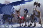  2019 antlers blue_body blue_eyes blue_feathers blue_hair brown_body brown_fur cervid cutie_mark digital_media_(artwork) equid equine feathered_wings feathers female feral fur hair holding_object holding_weapon hooves horn male mammal my_little_pony pterippus teeth turnipberry weapon wings 