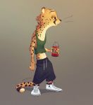  2018 ambiguous_gender anthro beverage brown_spots cheek_tuft cheetah clothed clothing facial_tuft felid feline footwear fully_clothed fur grey_background holding_beverage holding_object mammal midriff neck_tuft piercing pointedfox shirt shoes simple_background solo spots spotted_body spotted_fur standing tank_top topwear tuft yellow_body yellow_eyes yellow_fur 