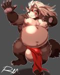  2019 anthro asian_clothing balls belly brown_body brown_fur bulge canid canine clothing east_asian_clothing fundoshi fur goemon_(tas) humanoid_hands japanese_clothing male mammal moobs navel nipples overweight overweight_male raccoon_dog reclamon simple_background solo tanuki tokyo_afterschool_summoners underwear video_games 