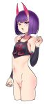  1girl bangs bare_shoulders blush bob_cut bottomless breasts chinese_clothes collarbone detached_sleeves dudou eyeliner fate/grand_order fate_(series) highres horns looking_at_viewer makeup navel oni oni_horns open_mouth purple_eyes purple_hair shinomu_(cinomoon) short_eyebrows short_hair shuten_douji_(fate/grand_order) shuten_douji_(halloween_caster)_(fate) simple_background skin-covered_horns small_breasts solo thighs white_background 